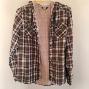 Boston Traders Brown and Pink Plaid Hooded Shirt With Hood Button Down Size S